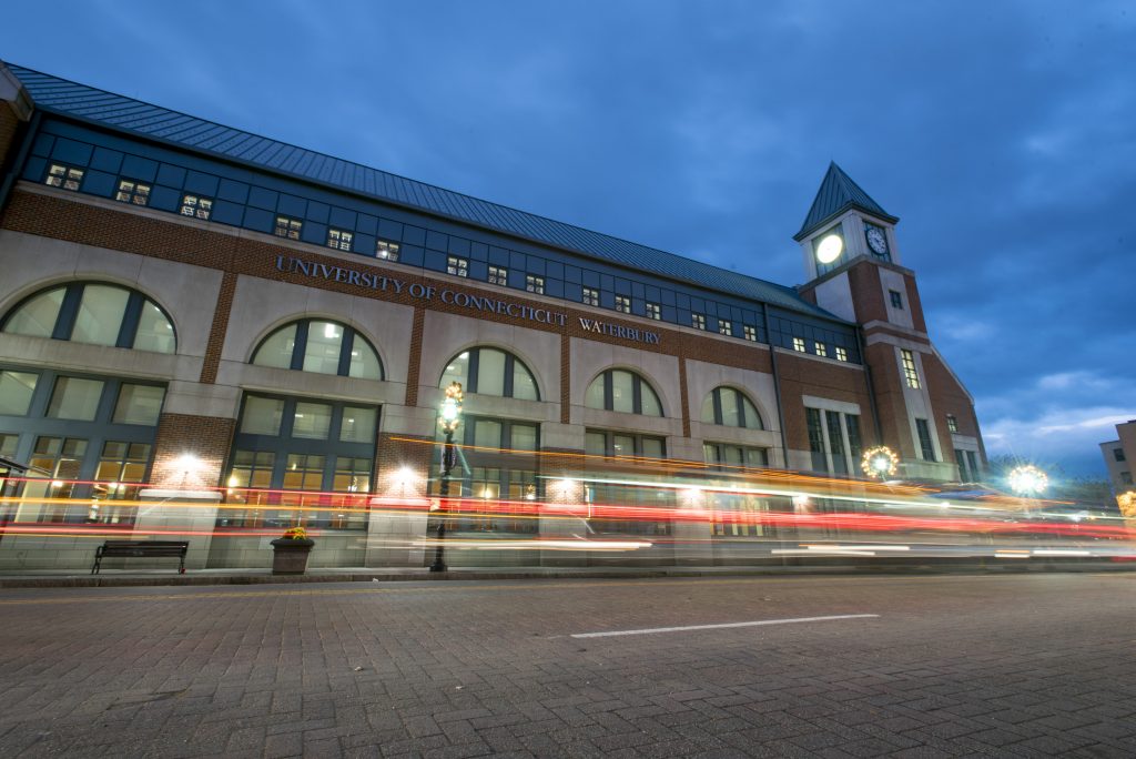 The Waterbury campus at dusk. (Sean Flynn/UConn Photo)