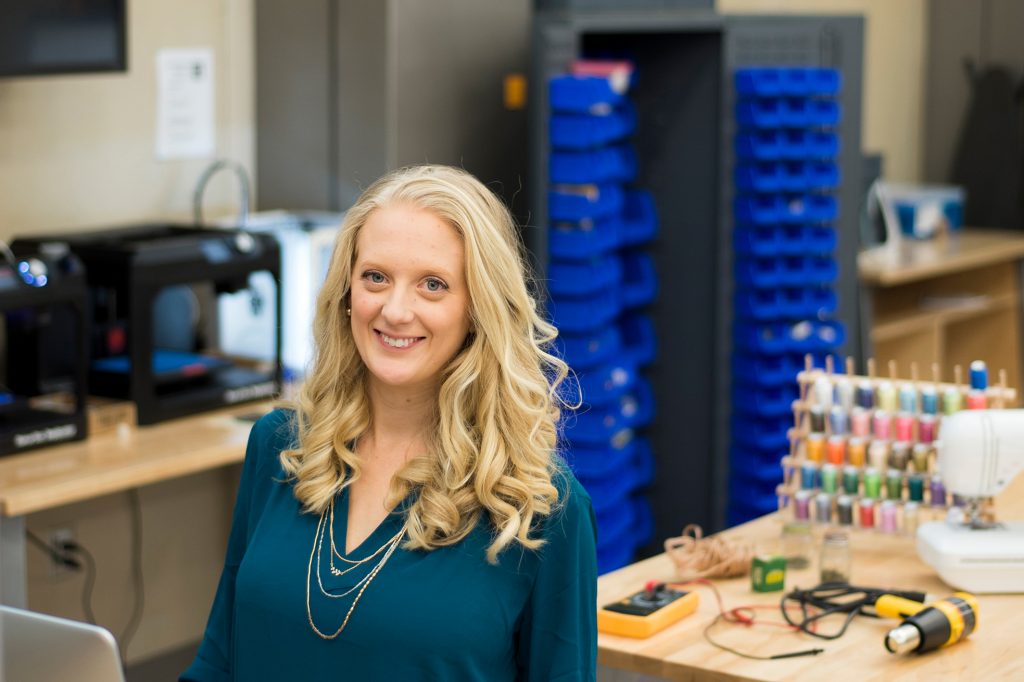 Caitlyn Oswald in the makerspace at Next Generation Connecticut Hall on Nov. 10, 2016. (Peter Morenus/UConn Photo)