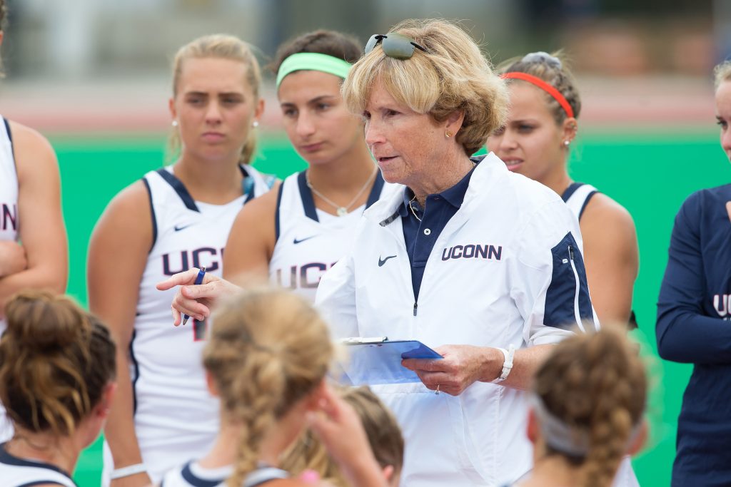 Hall of Fame coach Nancy Stevens speaks with her team. (Stephen Slade '89 (SFA) for UConn, File Photo)