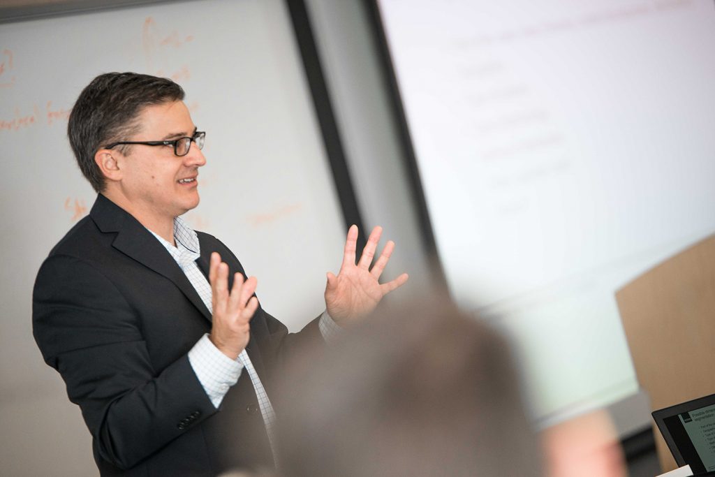 Professor Greg Reilly, teaching an Executive MBA course in Hartford, Conn. (Nathan Oldham/UConn photo)