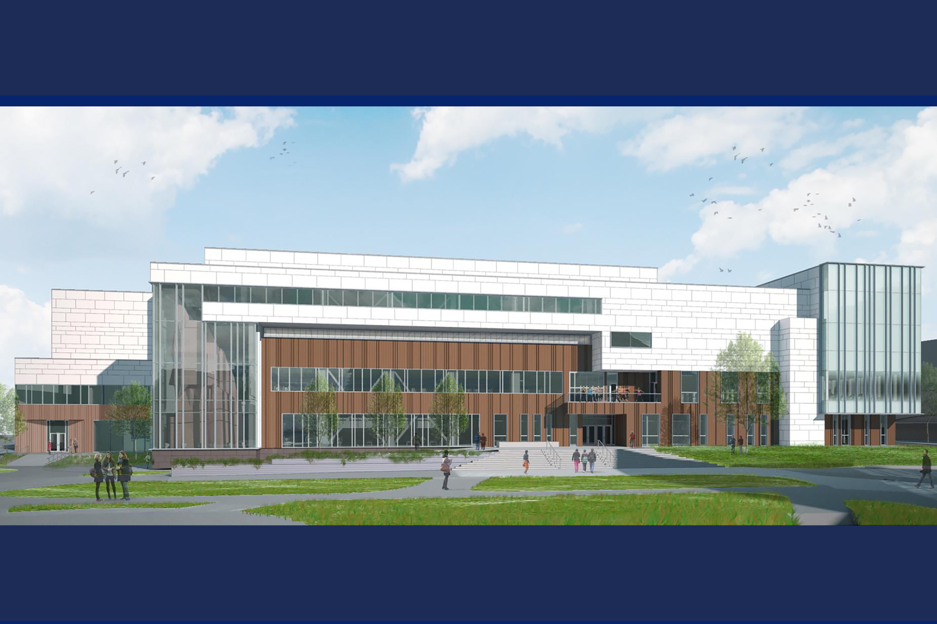 Architectural rendering of the view of the Recreation Center from Business School Quad.