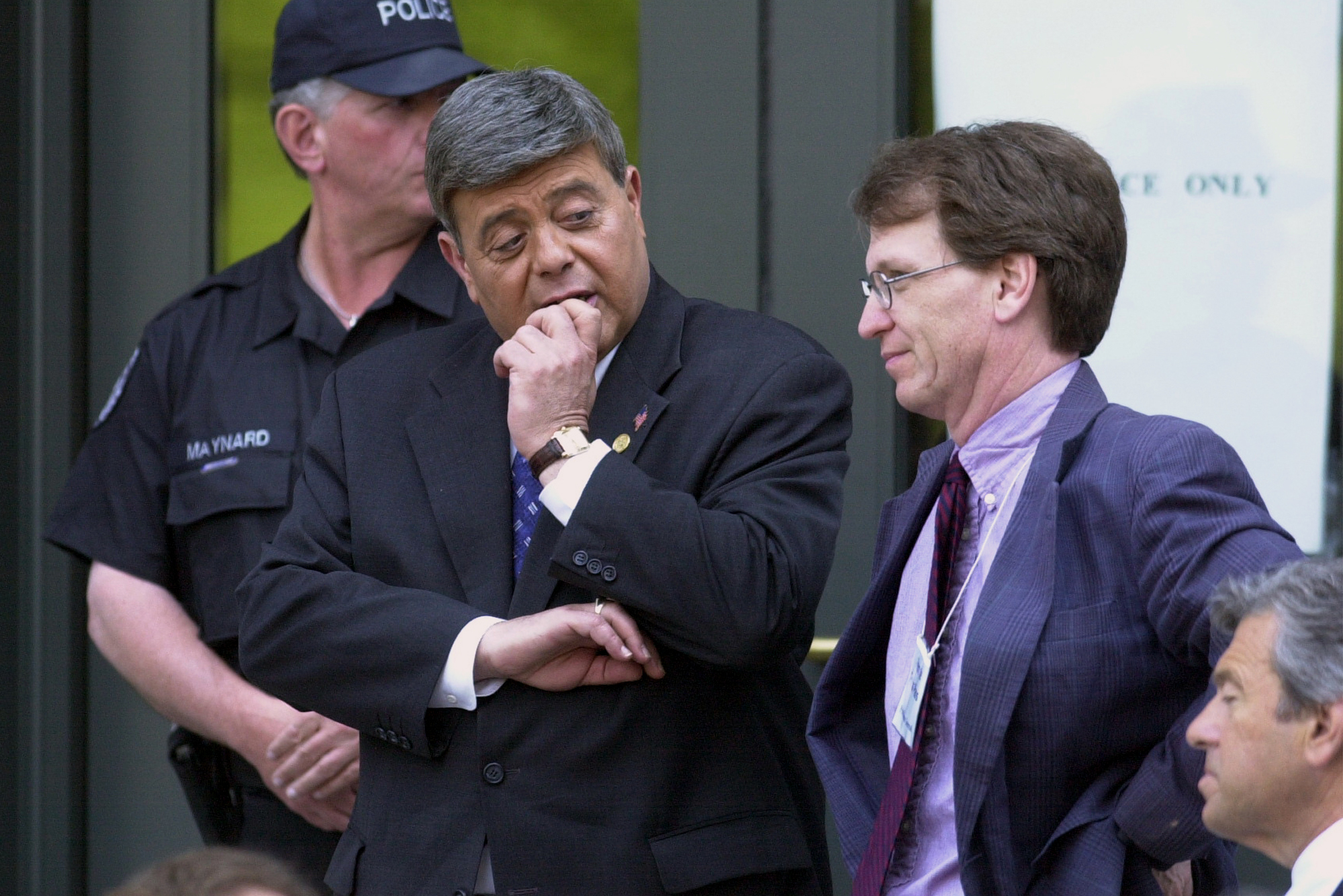 Mayor 'Buddy' Cianci, a codefendant in the Operation Plunder Dome trial, talks with then-Providence Journal reporter Mike Stanton on the steps of the federal courthouse on Kennedy Plaza while the jury in the trial continued negotiations.