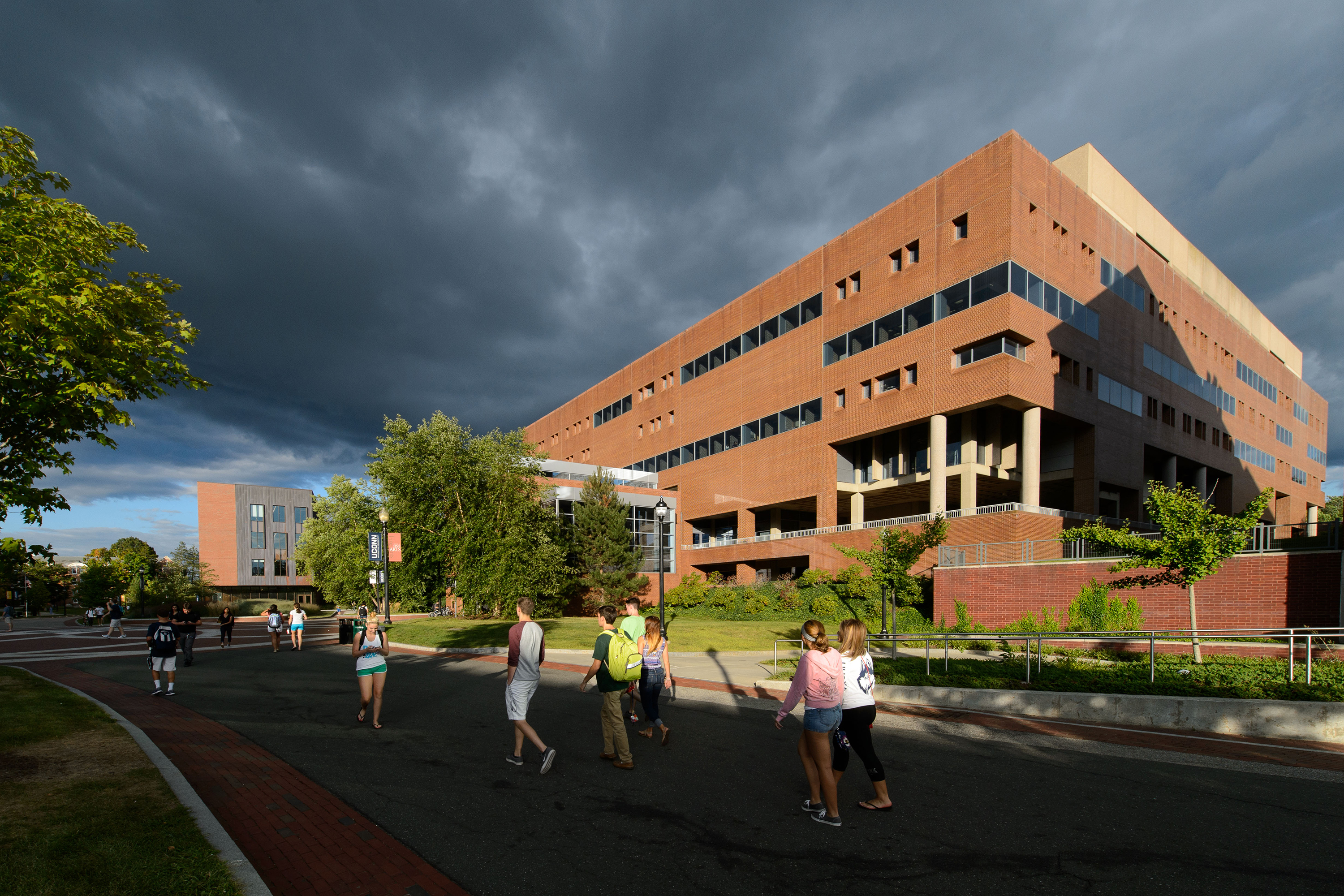 Students walk along Fairfield Way near the Homer Babbidge Library. (Peter Morenus/UConn Photo)