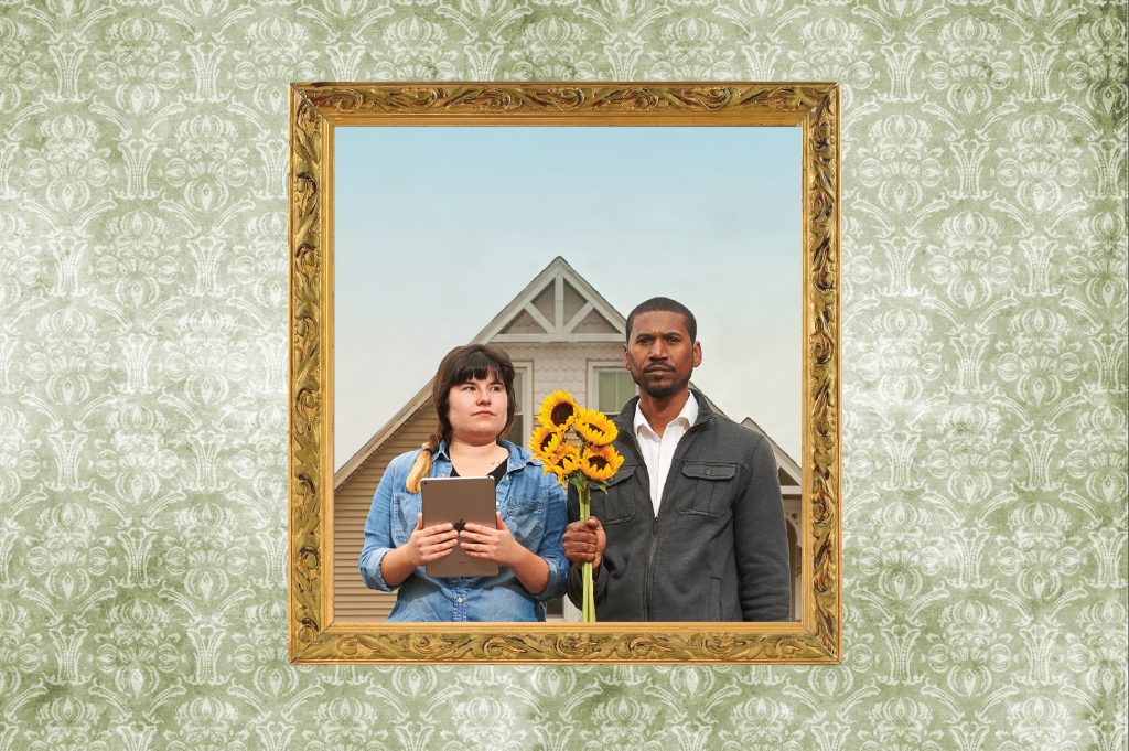 Agriculture students Marisa Kaplita and Macario Rodrigues pose 'American Gothic' style at UConn’s Spring Valley Farm. (Photo Art by Peter Morenus & Christa Tubach)