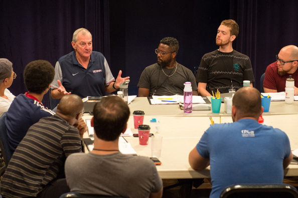 Hall-of-Fame coach Jim Calhoun offered an inside perspective on college basketball for a new production, 'Exposure,' showing this weekend at the Eugene O'Neill Theater Center in Waterford. (AP Photo via Athletic Communications)