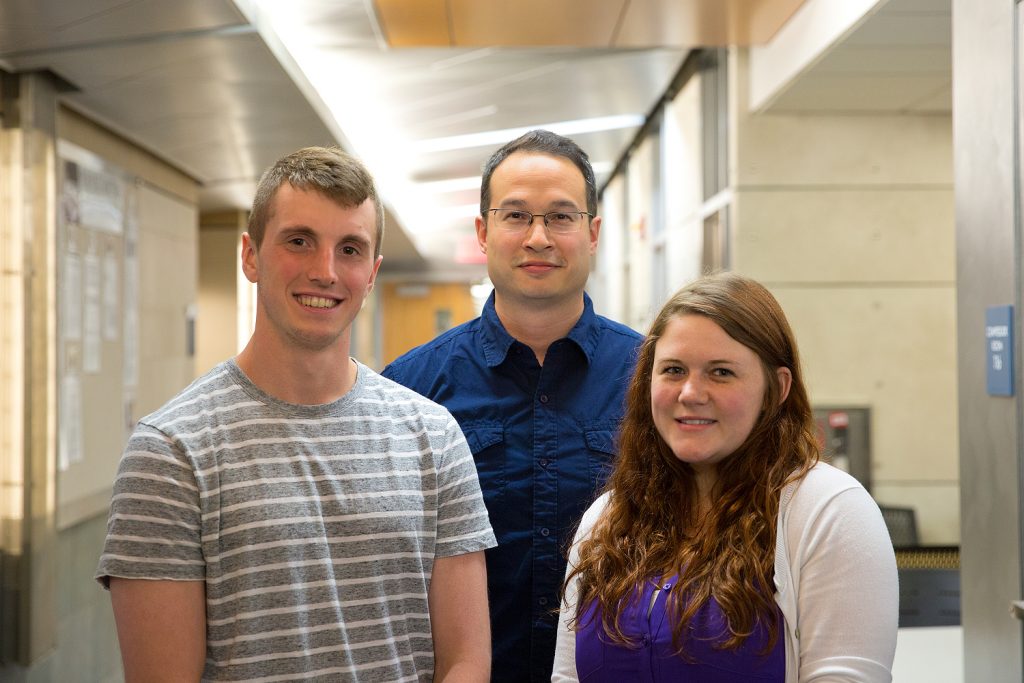 Beckman Scholar Brock Chimileski ’17 (CLAS), left, alongside mentors Assistant Professor of Physiology and Neurobiology Alex Jackson and Ph.D. student Laura Mickelsen.