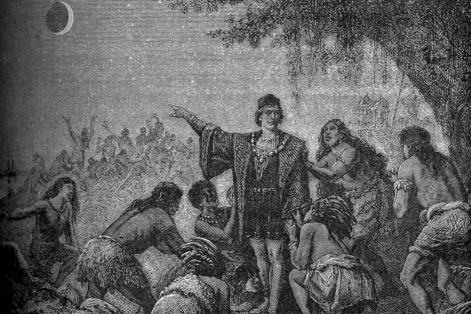 This illustration from 1879 depicts the reaction of a group of indigenous people in South America when the lunar eclipse Christopher Columbus predicted actually happened on Feb. 29, 1504. (Camille Flammarion (Astronomie Populaire 1879) via Wikimedia Commons)