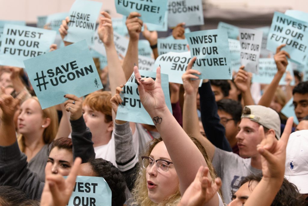 The Field House was filled to capacity with nearly 1,200 students, faculty, and staff who rallied in support of the University on Wednesday. (Peter Morenus/UConn Photo)