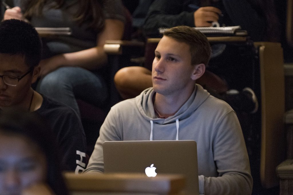 Scott Levene '17 (BUS), Men's Soccer Goalkeeper, attends a COMM 1000 lecture in Laurel Hall. Levene, who says he dreamed of being a UConn Husky since he was 5 years old, excels in the classroom as well as on the field. (Garrett Spahn/UConn Photo)