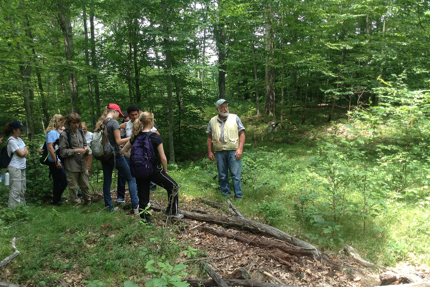 Tom Worthley leads Natural Resources Conservation Academy participants in the UConn Forest.