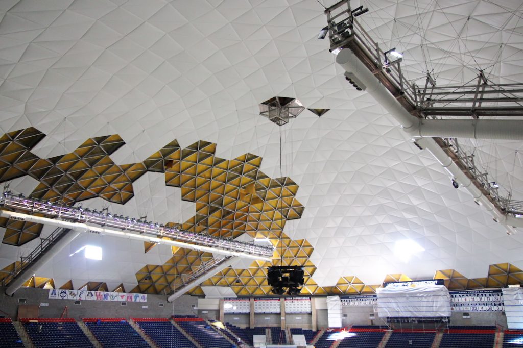 The roof of Gampel Pavilion during renovations. (Bret Eckhardt/UConn Photo)