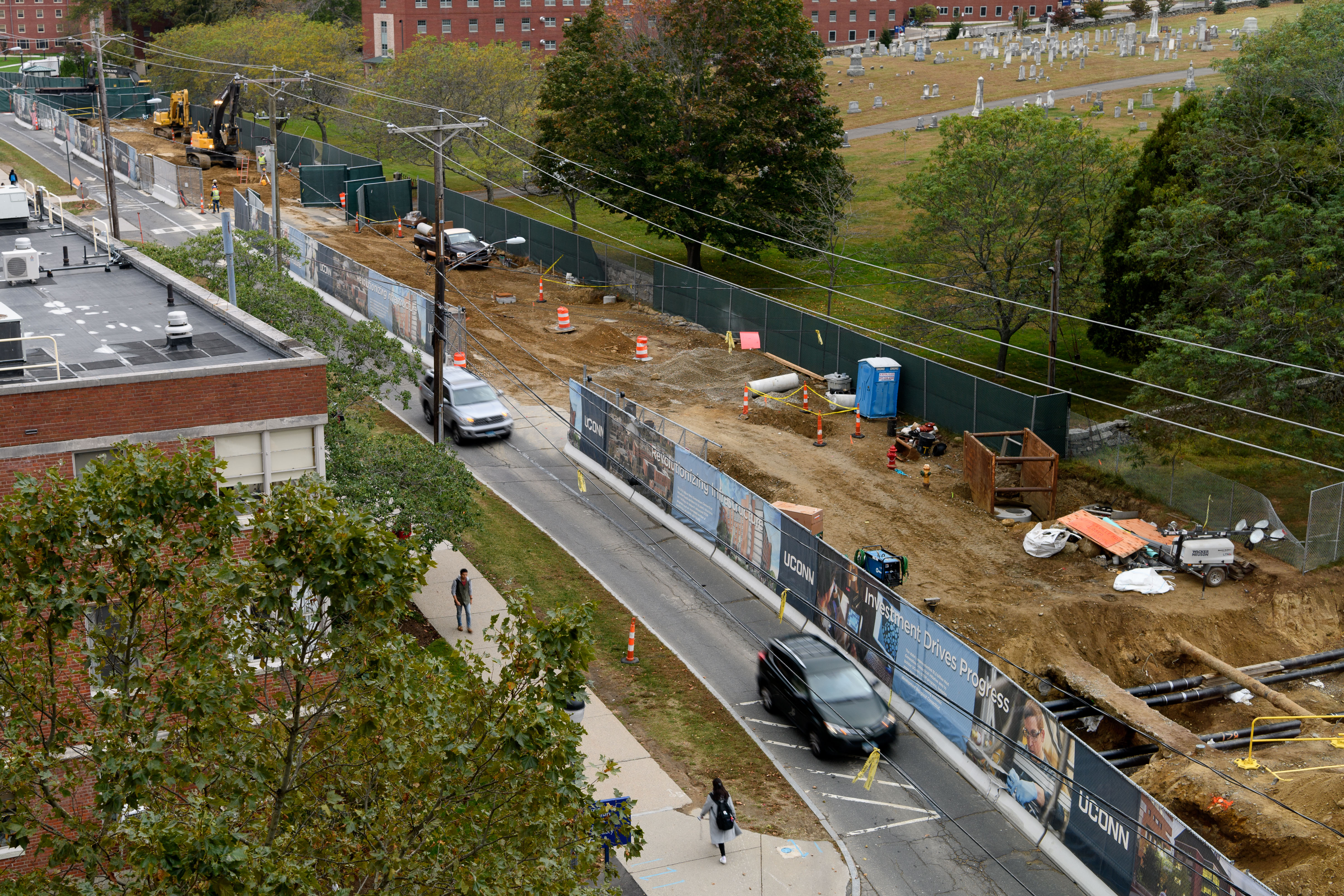 A view of construction along North Eagleville Road on Oct. 16, 2017. (Peter Morenus/UConn Photo)