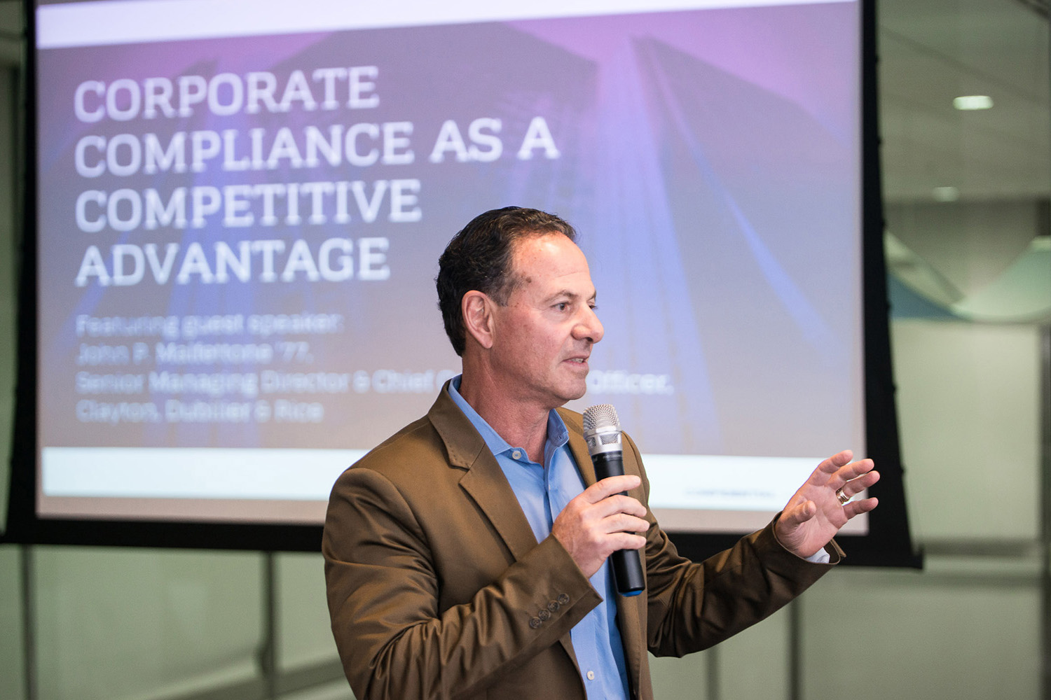 John Malfettone '77 speaks about corporate compliance as a competitive advantage. (Nathan Oldham/UConn School of Business)