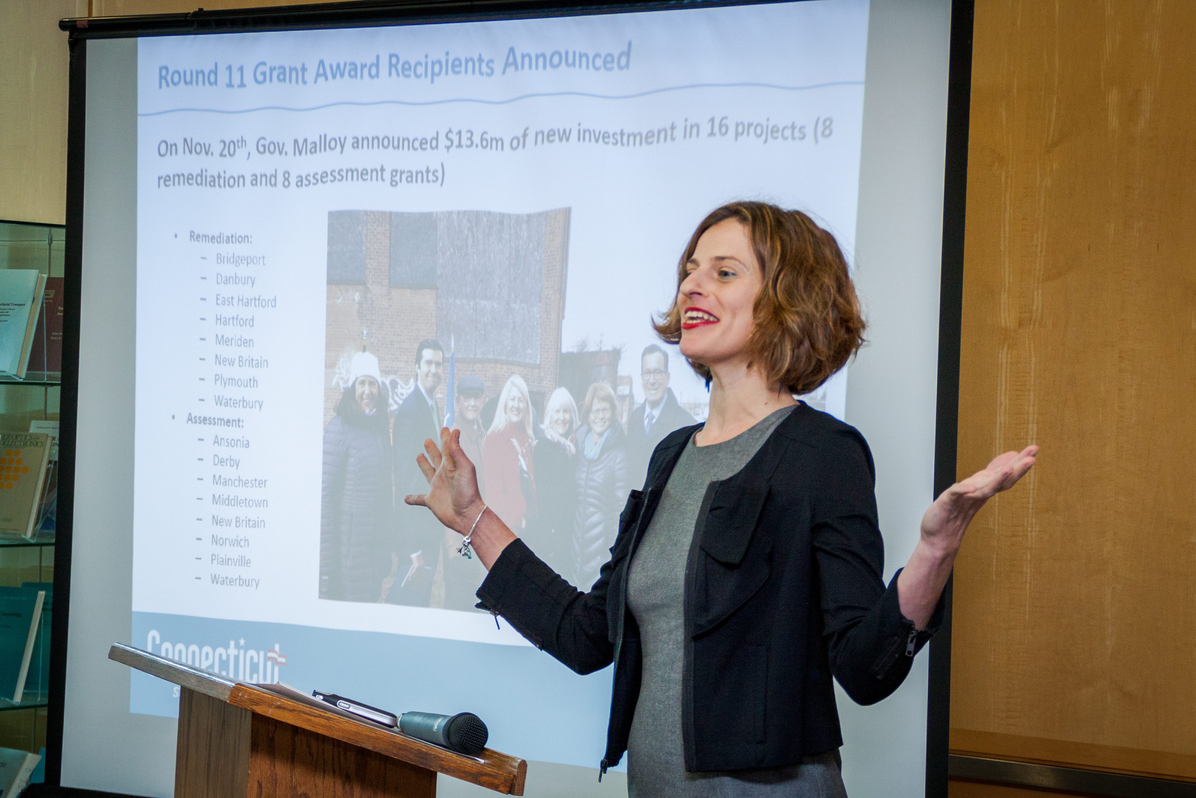 Dr. Chrysochoou, in a ceremony held in the ITE Building in November 2017, introduces and launches the Connecticut Brownfields Initiative (Christopher Larosa/UConn Photo)