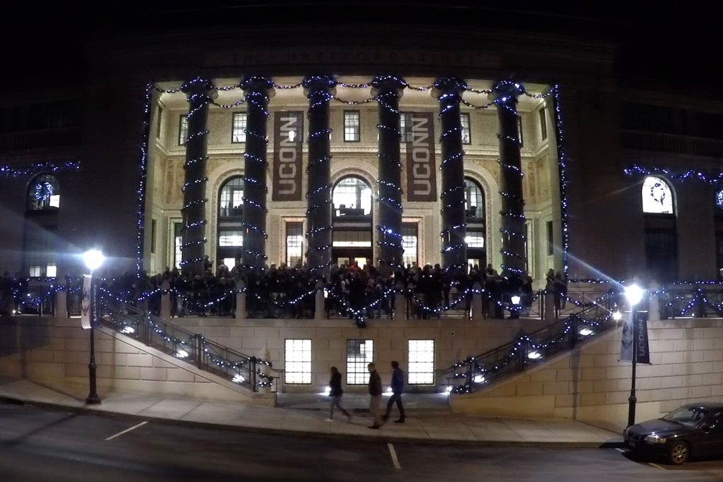 When UConn Hartford hosted holiday carolers on Dec. 19, it was the revival of a tradition of caroling on the steps of the Hartford Times building dating back to the 1960s and 1970s. (Bret Eckhardt/UConn Photo)