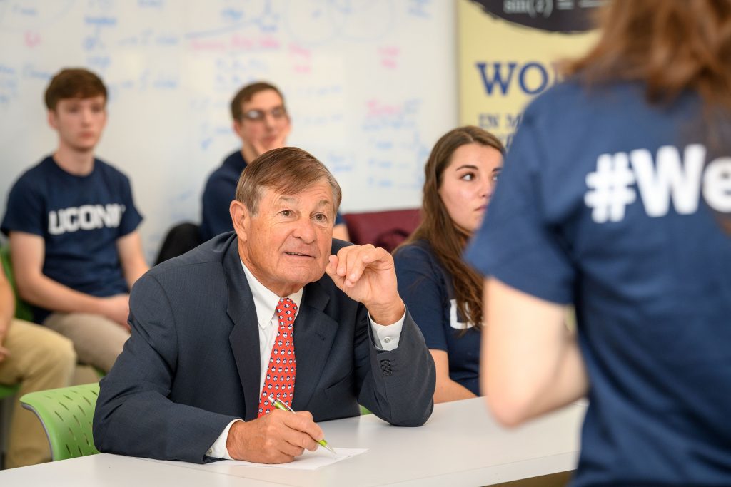 Peter J. Werth asks a question during the Entrepreneurial & Innovation Student Huddle held at the newly named Peter J. Werth Residence Tower on Dec. 4. (Peter Morenus/UConn Photo)