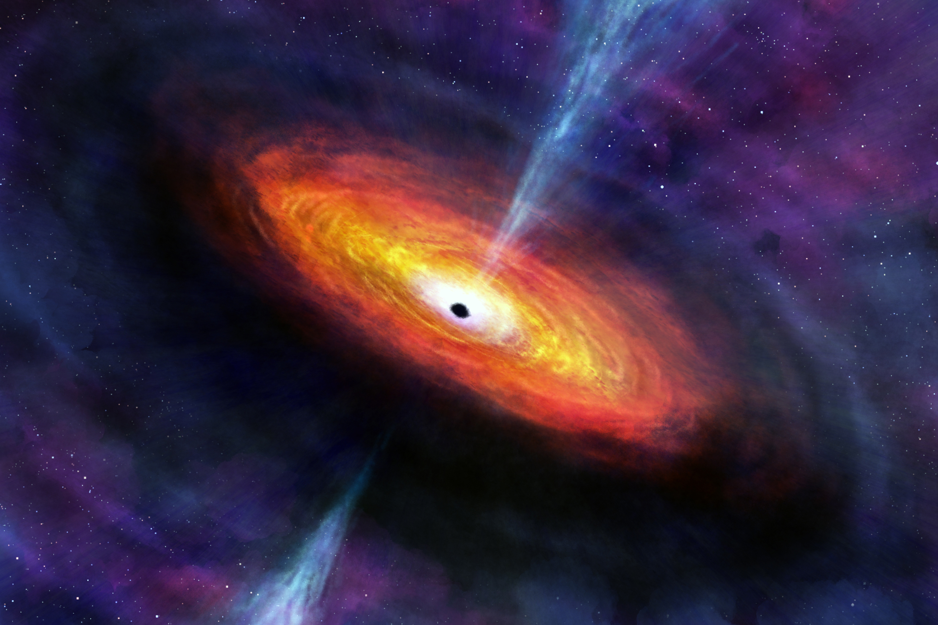 An artist’s rendering of hot material falling into a supermassive black hole, creating what is called the accretion disk, shown in orange. Reverberation mapping measures the time it takes light to travel between two areas of the accretion disk. The 'light echo' enables direct measurement of the mass of the black hole. This reverberation mapping project is the first project to weigh many black holes at once. (Image by Nahks Tr’Ehnl, Penn State University)