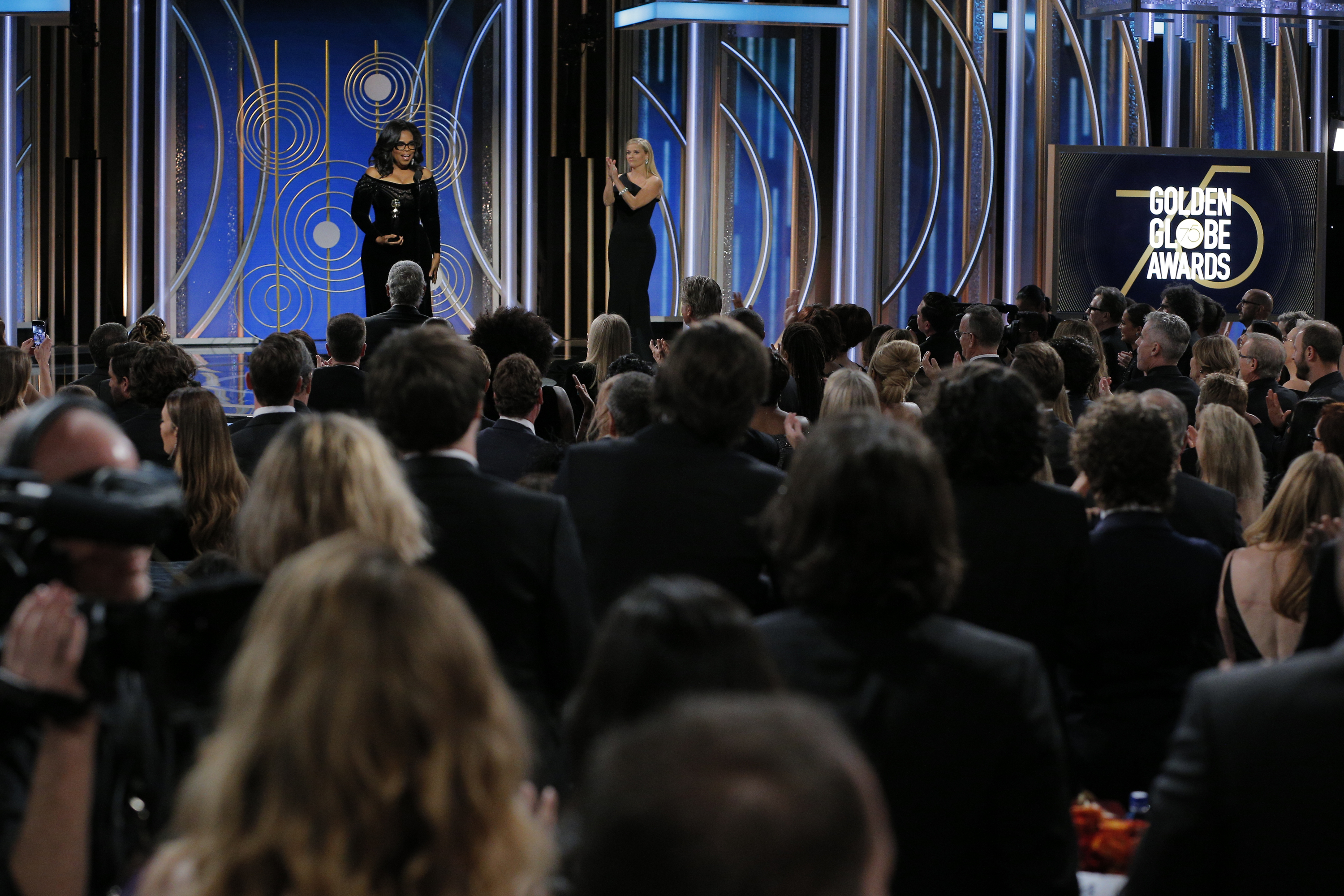 In this handout photo provided by NBCUniversal, Oprah Winfrey accepts the 2018 Cecil B. DeMille Award during the 75th Annual Golden Globe Awards at The Beverly Hilton Hotel on January 7, 2018 in Beverly Hills, California. (Photo by Paul Drinkwater/NBCUniversal via Getty Images)