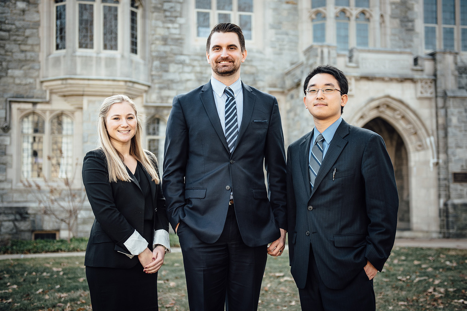 The winning team of the 4th Annual Business/Law Negotiation Competition. From left: Brooke Tinnerello '17, UConn law student, Christopher DiGiacomo '18 MBA, and Steven Lin, UConn law student. (Nathan Oldham/UConn photo)