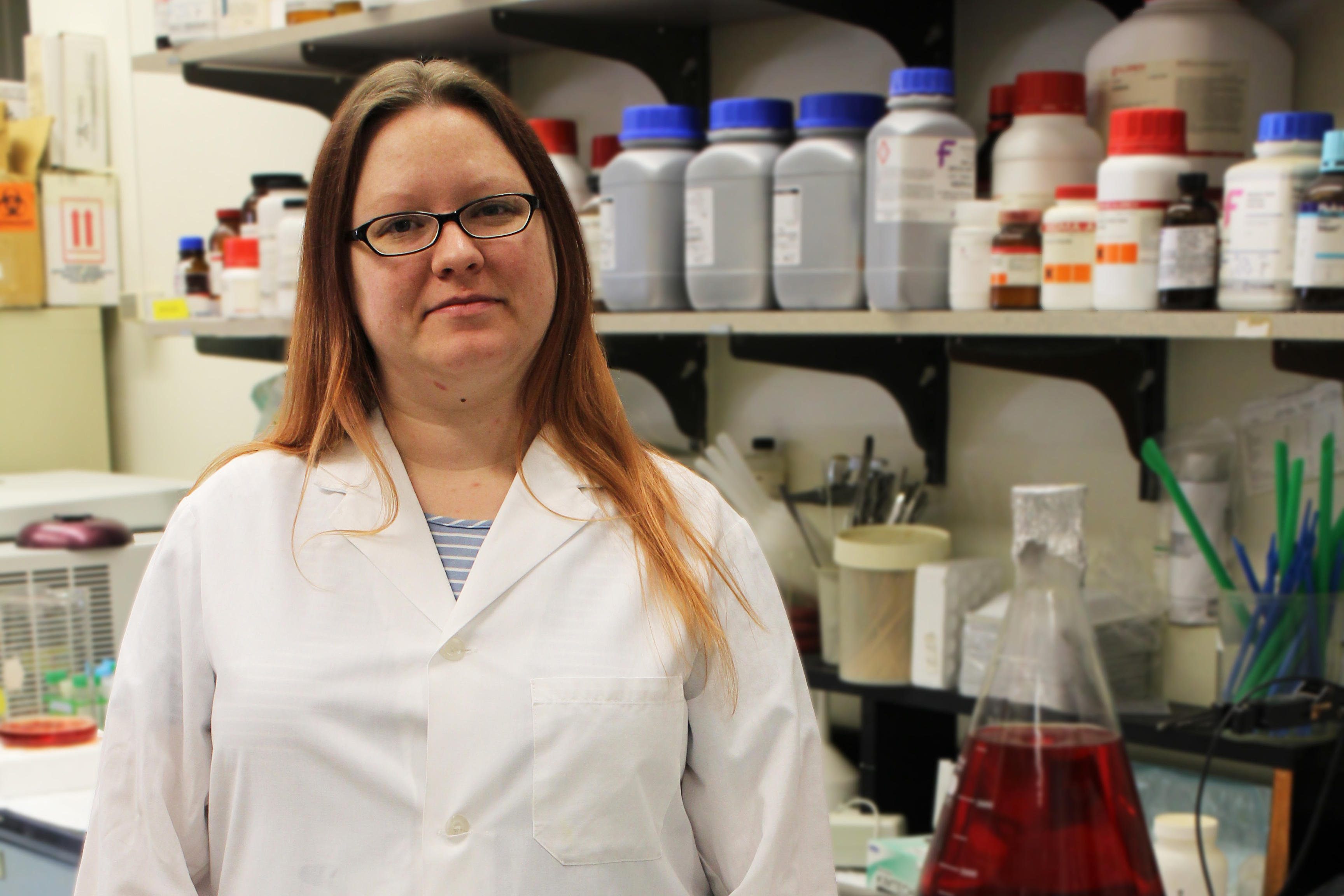 Postdoctoral fellow Ashley Groshong in the Spirochete Lab at UConn Health. (Office of the Vice President for Research Photo)