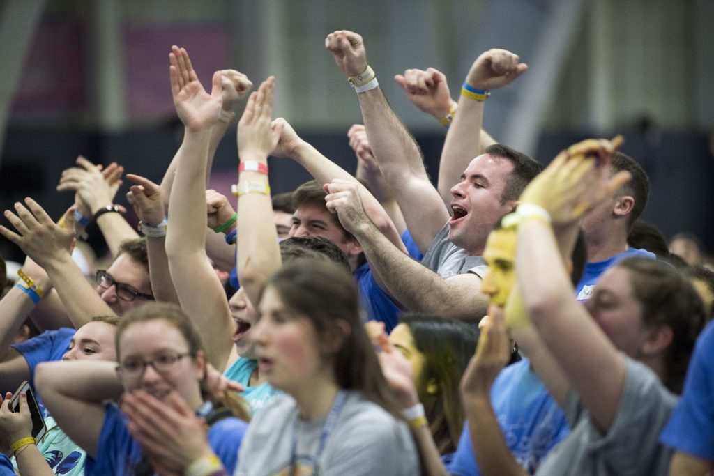 Students at HuskyTHON, a dance marathon to raise money for Connecticut Children’s Medical Center on Feb. 17, 2018. (Sean Flynn/UConn Photo)