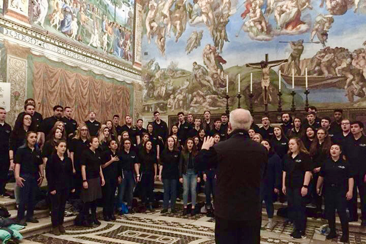 The Concert Choir sings at the Sistine Chapel in Rome. Together with the Womens Choir and Collegium Musicum, the group spent nine days over Spring Break participating in the American Celebration of Music in Austria and Italy.