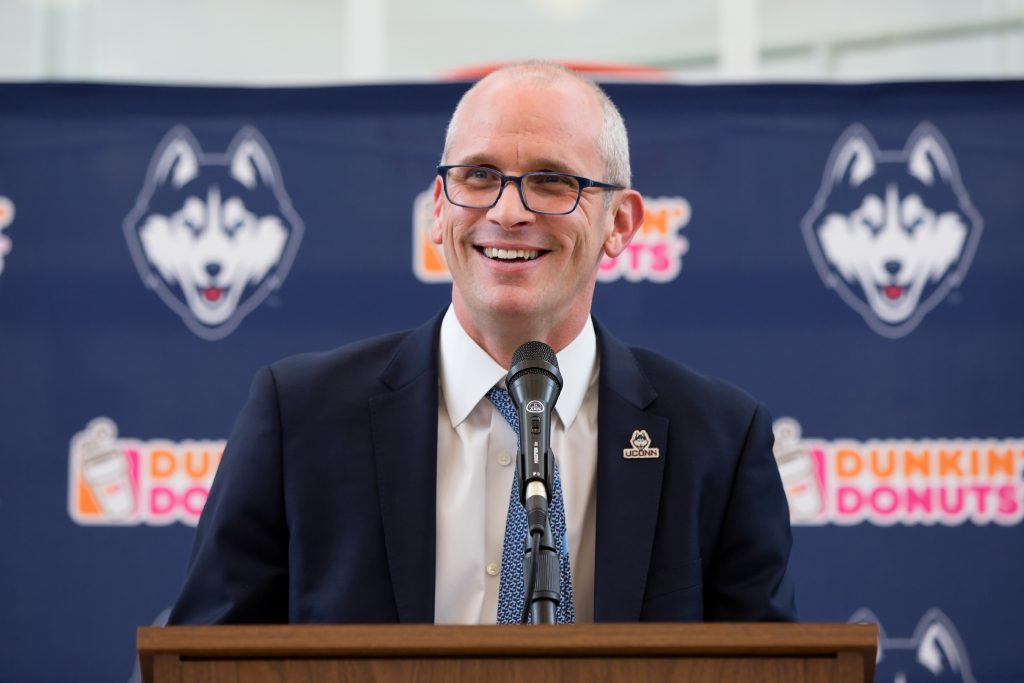 At a welcome event Friday, Hurley emphasized the Huskies' proud tradition and promised to develop a championship culture for the program again. (Stephen Slade '89 (SFA) for UConn)