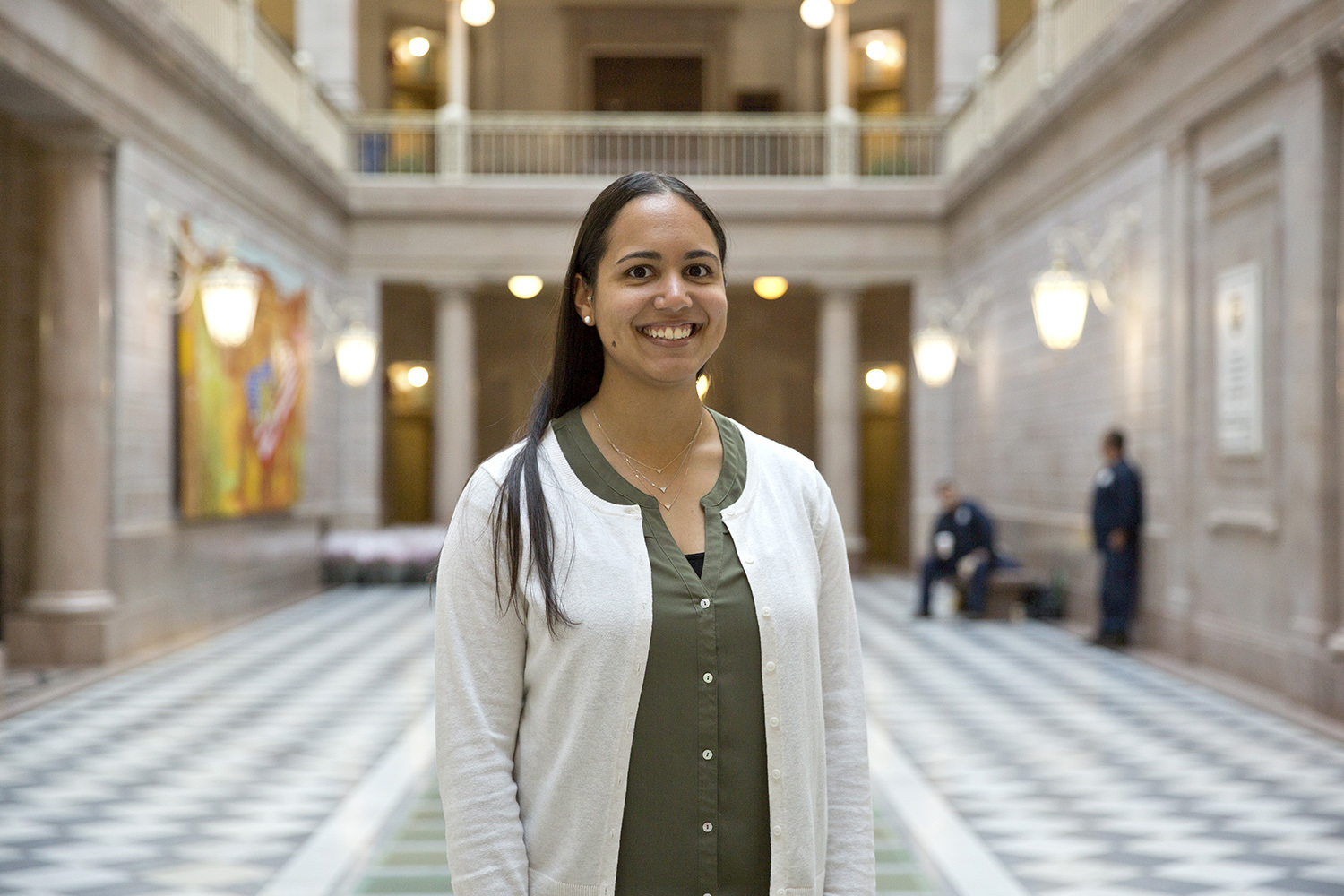 Public policy student Mariela Abreu at City Hall on November 29, 2017. (Bri Diaz/UConn Photo)