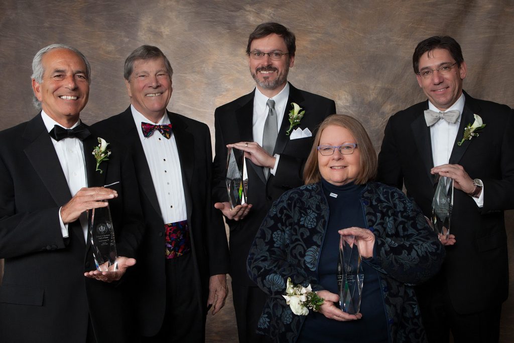 From left: David Acampora '79; Dean John A. Elliott; Timothy Curt '84, Gayle A. Russell '88 MBA, '95 Ph.D. and Christopher Lafond '87. (Thomas Hurlbut Photography)