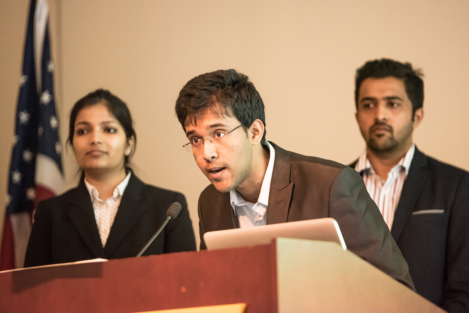 MSBAPM students Karpagam Vinayagam, Anoop Ramathirtha, and Suhas Nadiga, whose team came in third place. (Nathan Oldham/UConn School of Business)