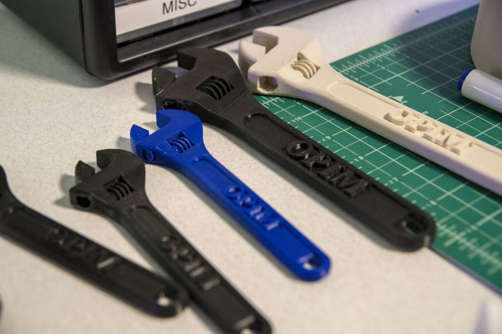 A series of wrenches 3D printed by Nathan Hom, a junior management engineer for manufacturing major and OPIM Innovate Lab specialist on April 9, 2018. (Garrett Spahn/UConn Photo)