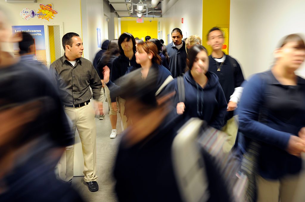 Students in the hallway between classes at a charter school in East Los Angeles. (David Butow/Corbis via Getty Images)