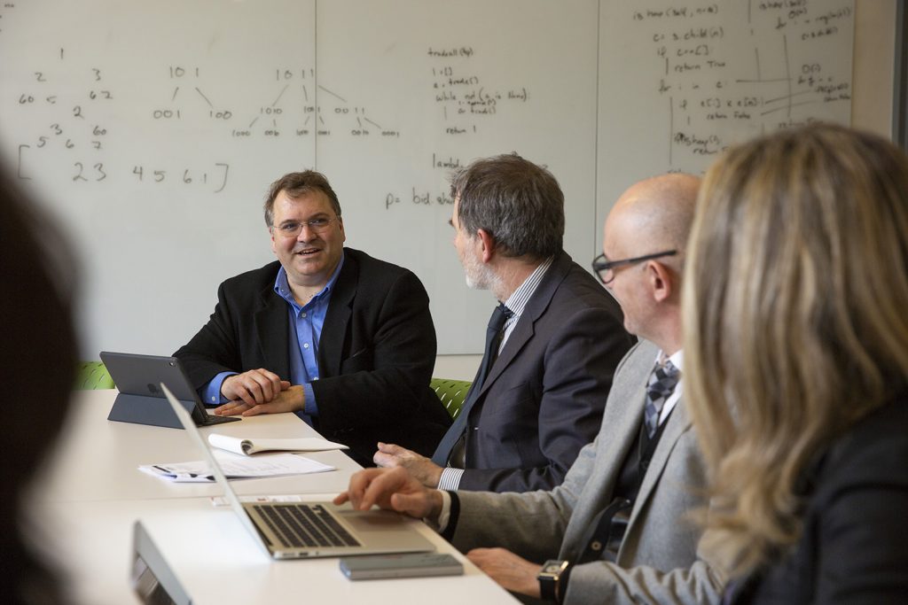 Brian Schwarz, director of the Engineering House, discusses the Eurotech program with representatives from UConn and the University of Toulouse at Werth Tower on April 18, 2018. (Bri Diaz/UConn Photo)