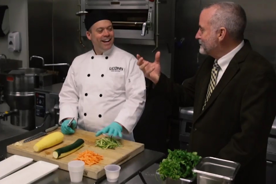 Dennis Pierce, director of dining services, with Robert Landolphi, assistant director of dining services for culinary development. Pierce received a 2018 Silver Plate Award from the International Foodservice Manufacturers Association. UConn also won a national award for Best Vegan Recipe.