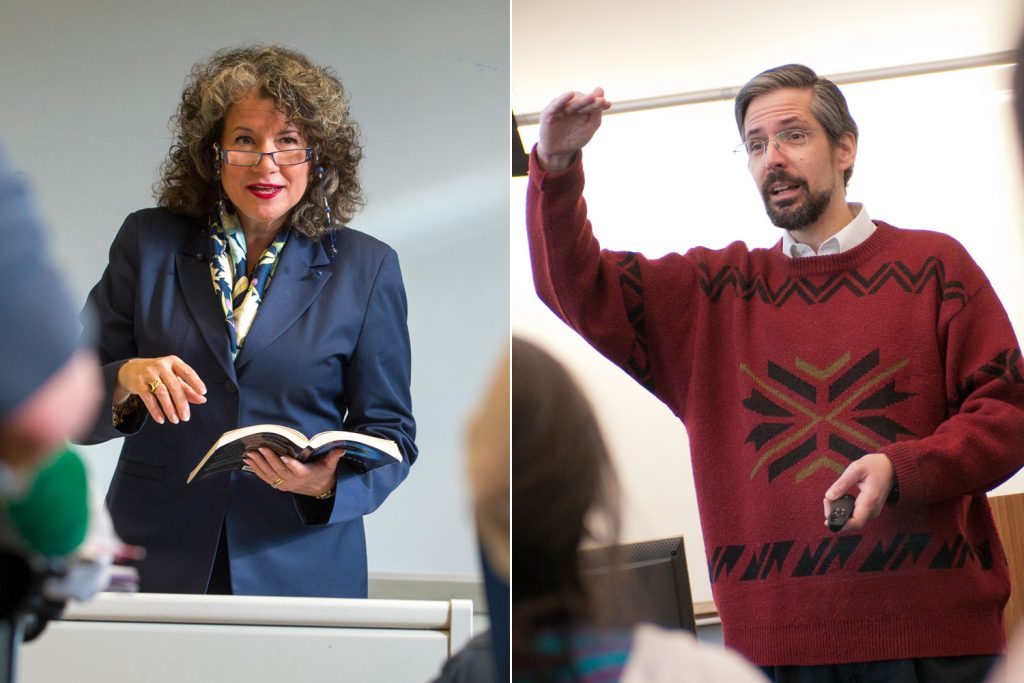 A combined image of Regina Barreca and Miguel Gomes teaching in front of classrooms