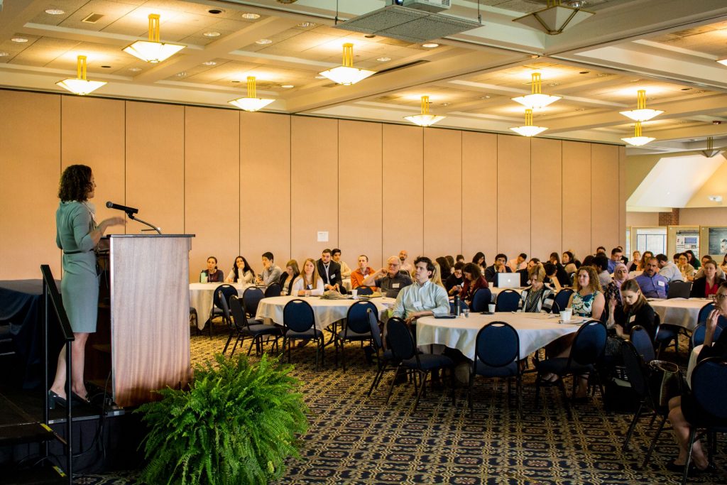 Kate Wolin, chief science officer of Interactive Health Medical Center, speaks to attendees at the second annual UConn Center for mHealth and Social Media Conference. (UConn Photo)