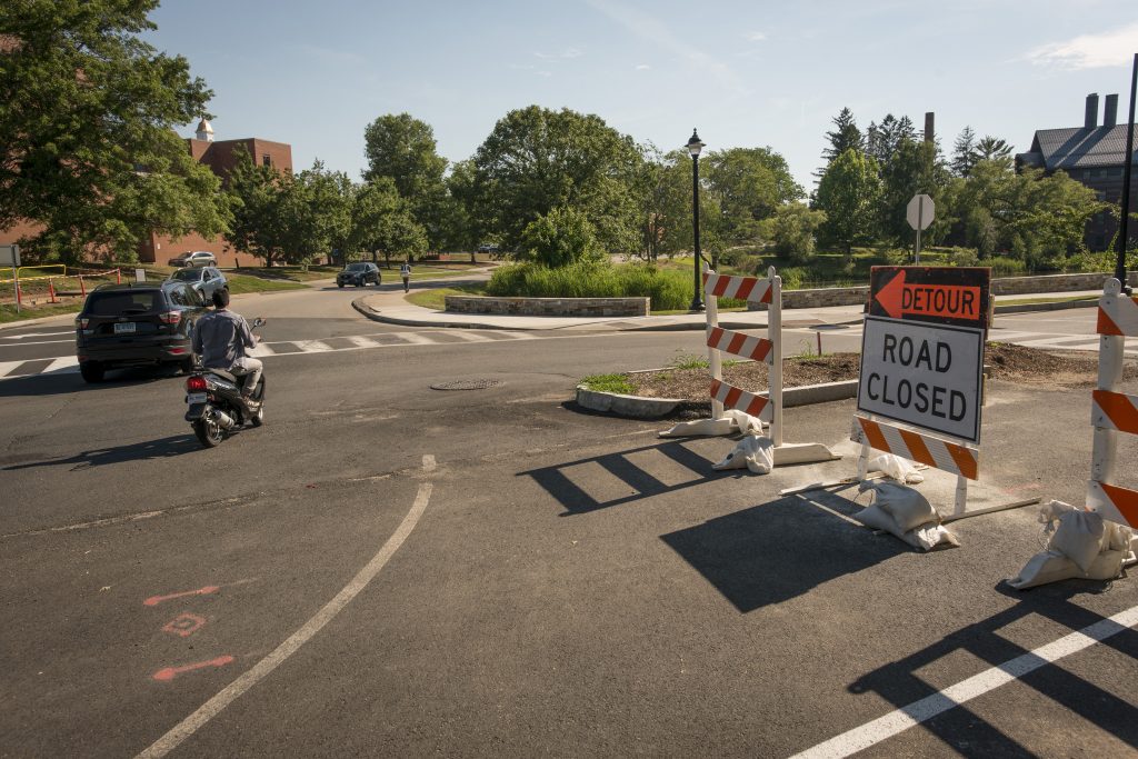 Westbound traffic from North Eagleville Road is rerouted onto Glenbrook Road due to ongoing infrastructure repairs. (Sean Flynn/UConn Photo)