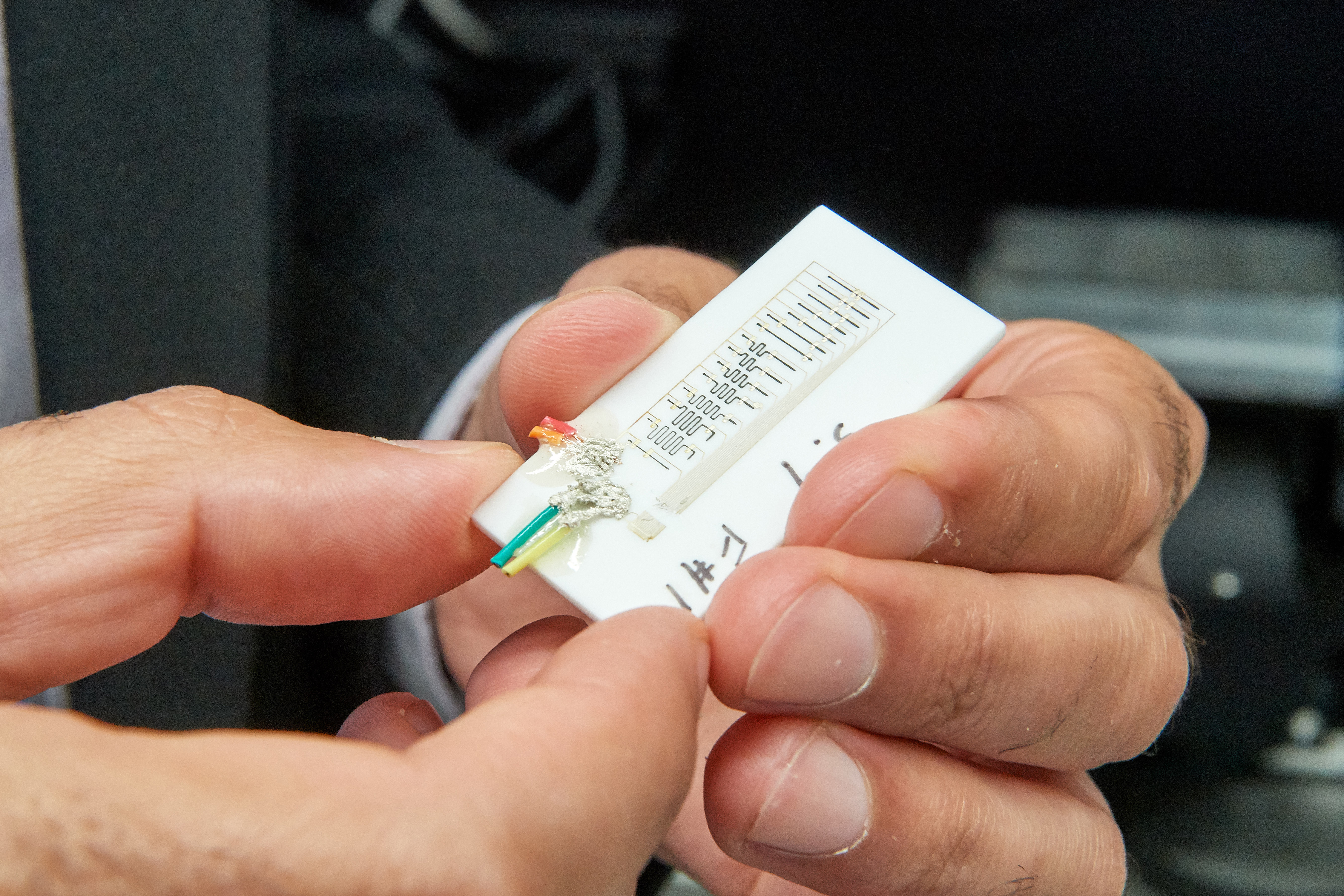 A prototype wear sensor at the UTC Research Center in East Hartford on June 18, 2018. (Peter Morenus/UConn Photo)