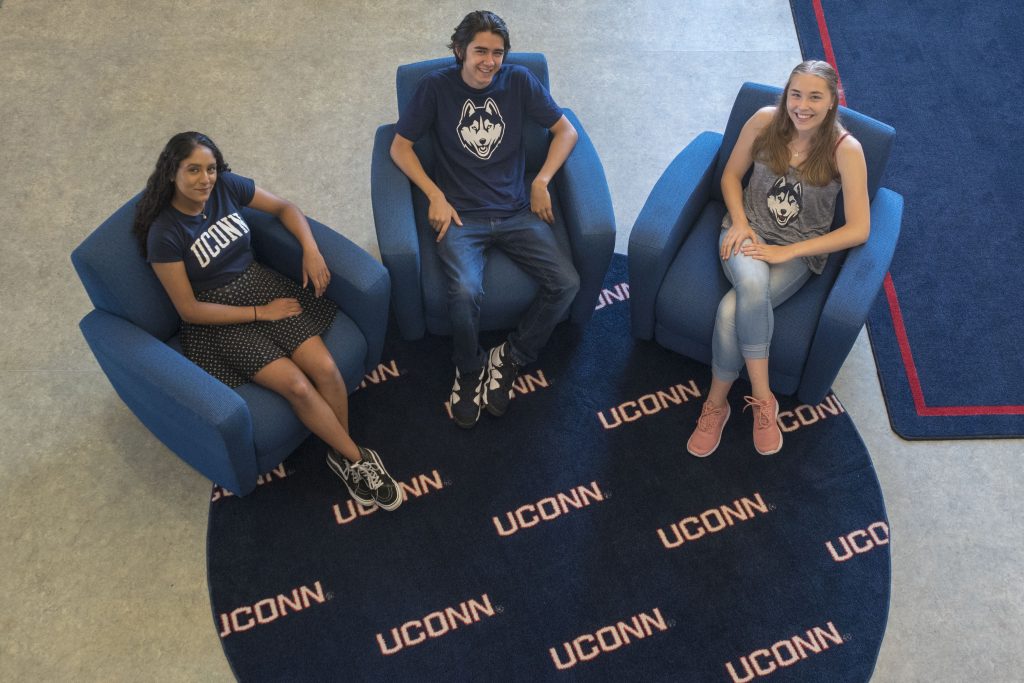 From left, Vanita Patel ‘21, James Parsley '21, and Annie Foley ‘21 on Aug. 7, 2018. (Sean Flynn/UConn Photo)