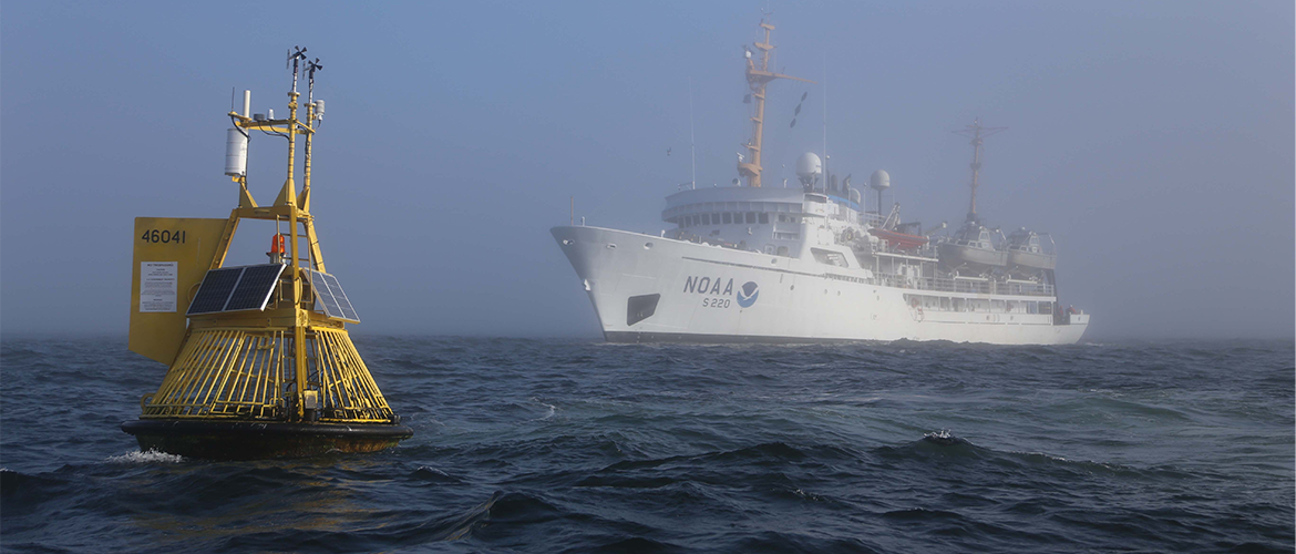 A buoy on the ocean in the foreground with a ship in the distance.