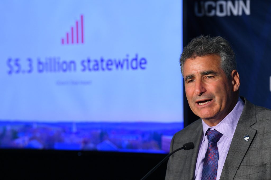 President Tom Katsouleas speaks at a press conference on UConn's economic impact held at the Graduate Business Learning Center in Hartford