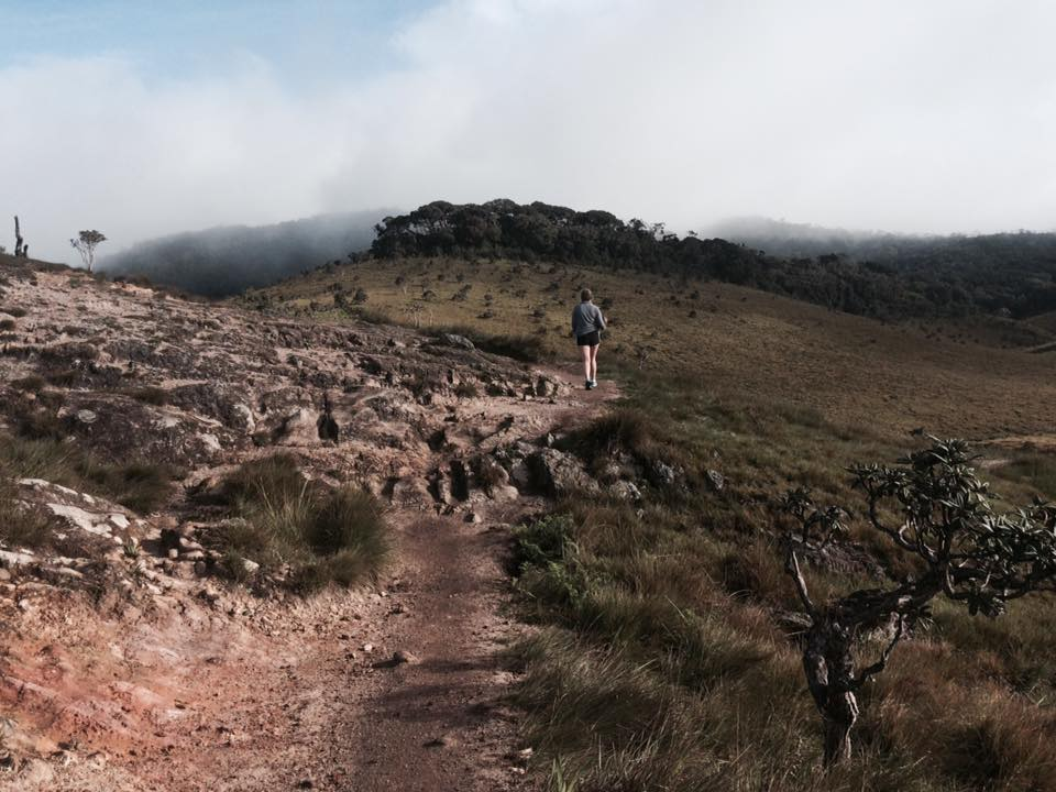 A young woman walks on an unpaved pathway through a stretch of land in Sri Lanka that is bordered on the left by rocks and on the right by open field. A fog settles over the hills in the distance.