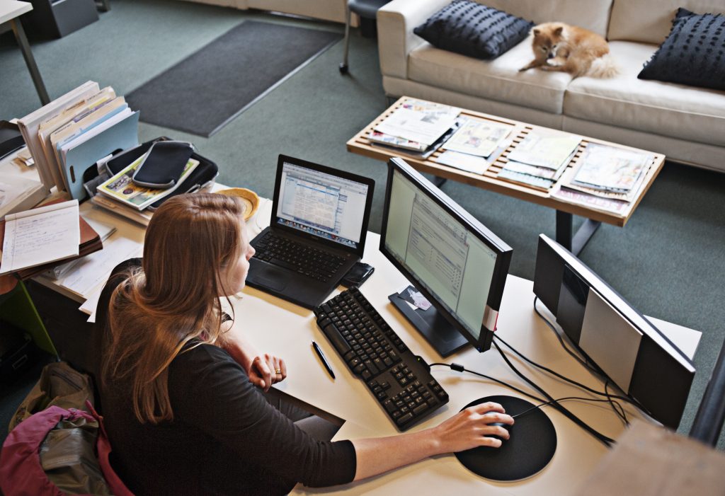 A woman works at an office desk that is located in a private living room.