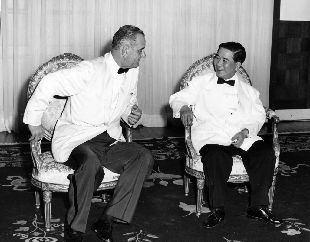 As part of his Goodwill Tour of Southeast Asia, American Vice President Lyndon B Johnson (left) meets with Vietnamese President Ngo Dinh Diem at Independence Palace, Saigon (later Ho Chi Minh City), Vietnam, May 1961.