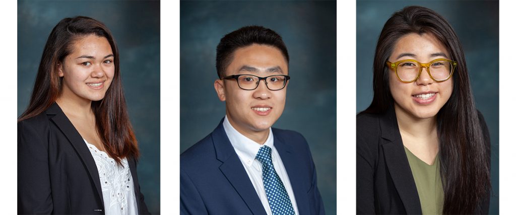 Pharmacy students Mai Vestergaard, Ethan Chang, and Ming May Zhang