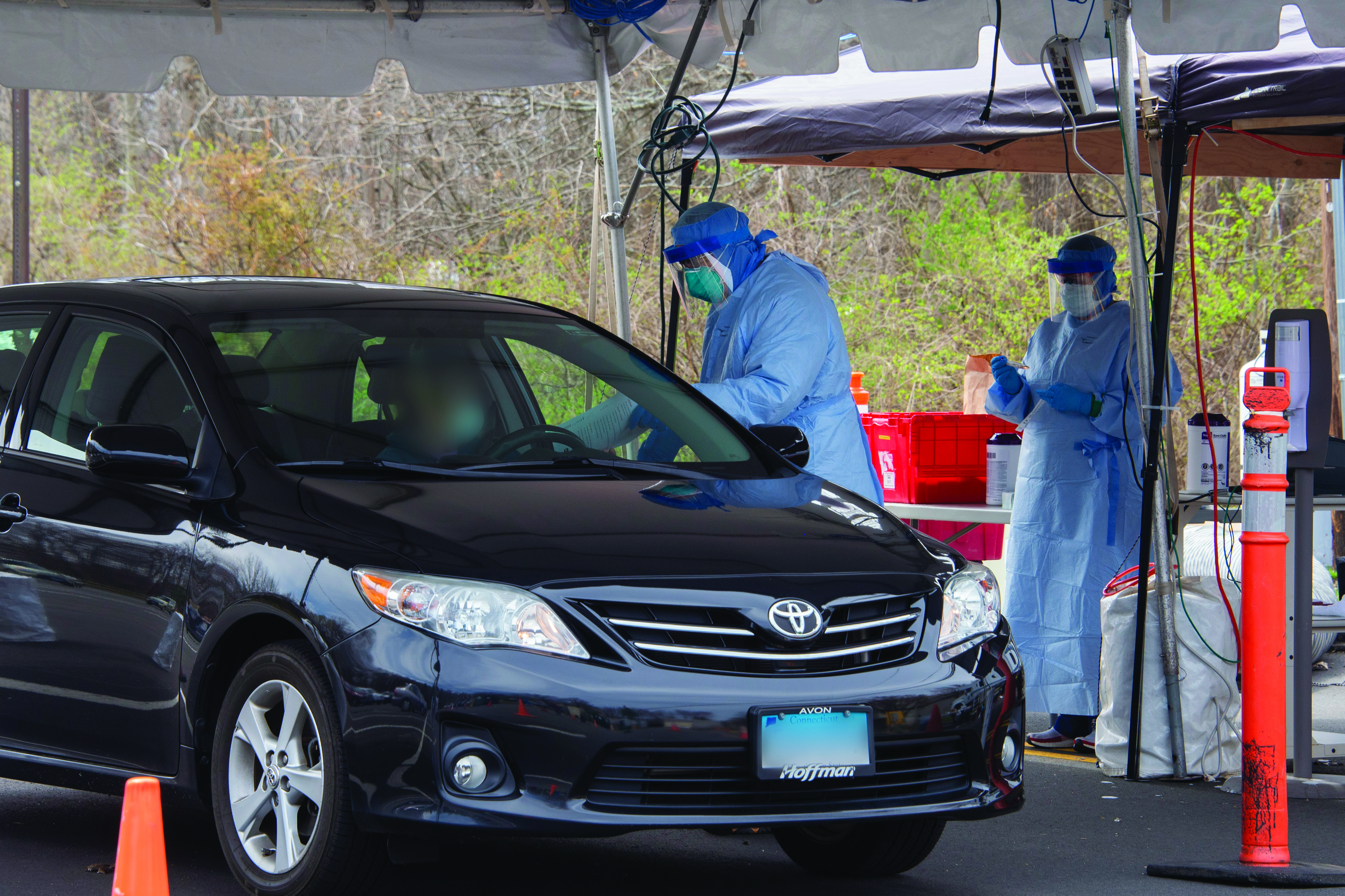 UConn Health drive through testing station on the lower campus in Farmington on April 13, 2020.