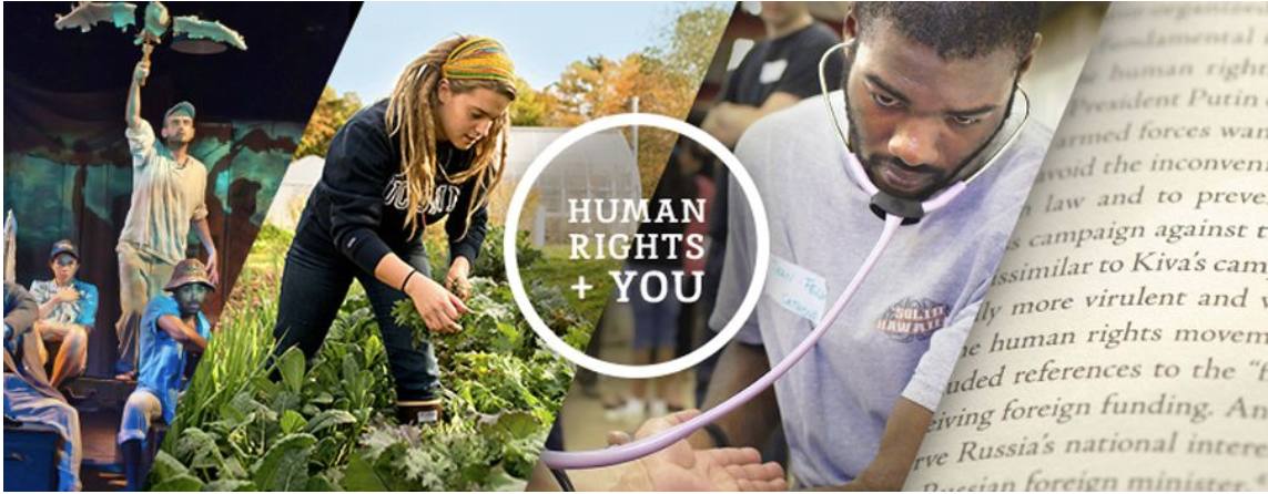 A collage showing college students engaged in various activities related to human rights