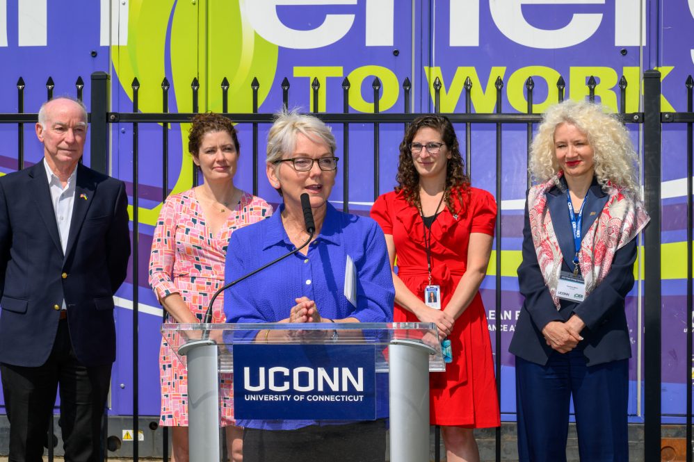 U.S. Secretary of Energy Jennifer Granholm speaks at a press conference at the Center for Clean Energy Engineering