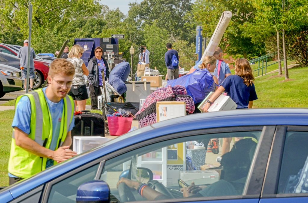 First-year UConn students move into their dorm rooms in the Towers Residence Halls complex during the first day of move-in for the Fall 2023 semester on Aug. 24, 2023.