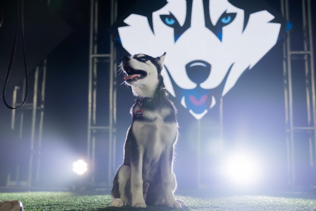 Jonathan XV hangs out at the UConn Athletics media day in the Rizza Performance Center